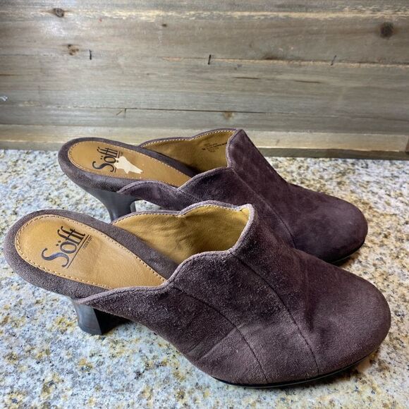 Söfft Heeled Brown Leather Mule Loafers - Picture 1 of 9